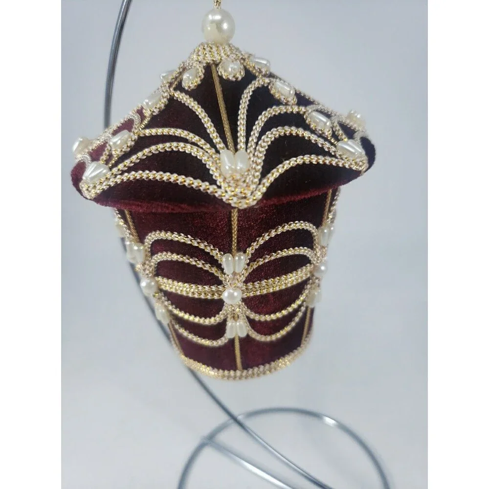Velvet Beaded Birdhouse Ornament Maroon Christmas Made in Phillipines Excellent
